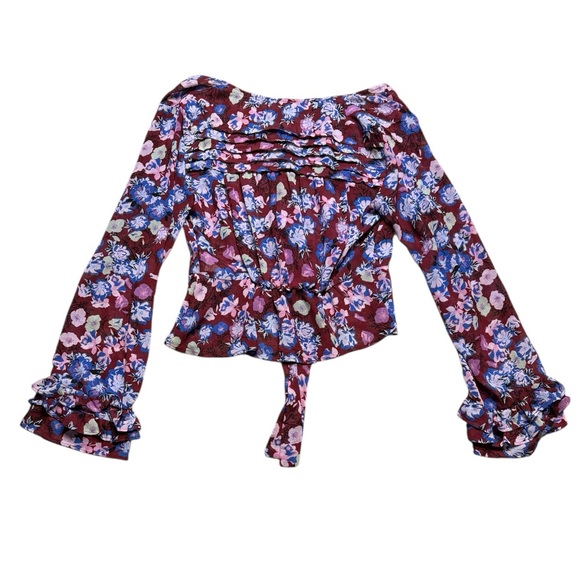 💐✨ Free People Floral‎ Ruffle Tie Front Blouse Maroon Blue XS ✨💐 - Picture 4 of 6